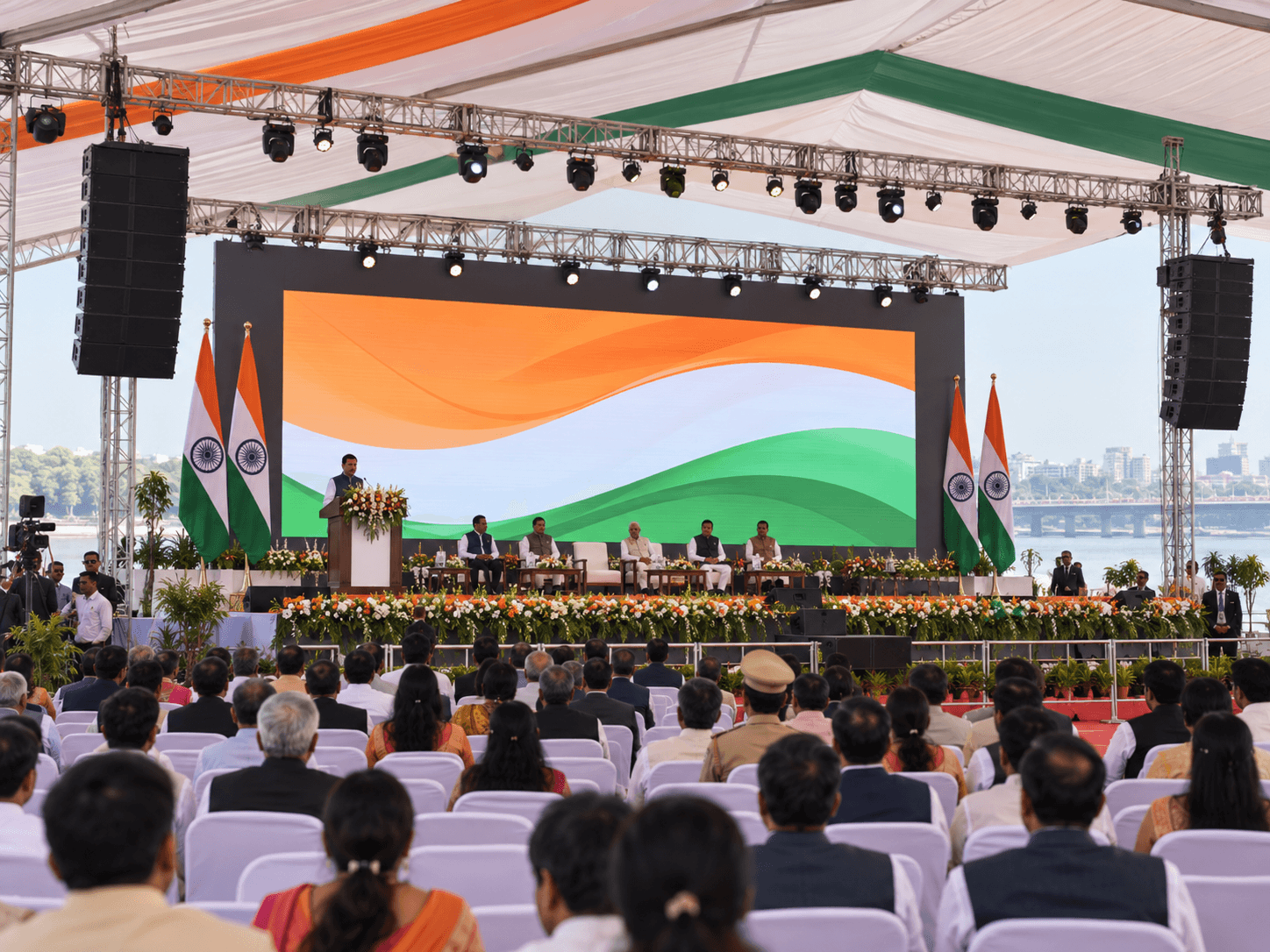 Indian government public function with stage, LED screen and sound system